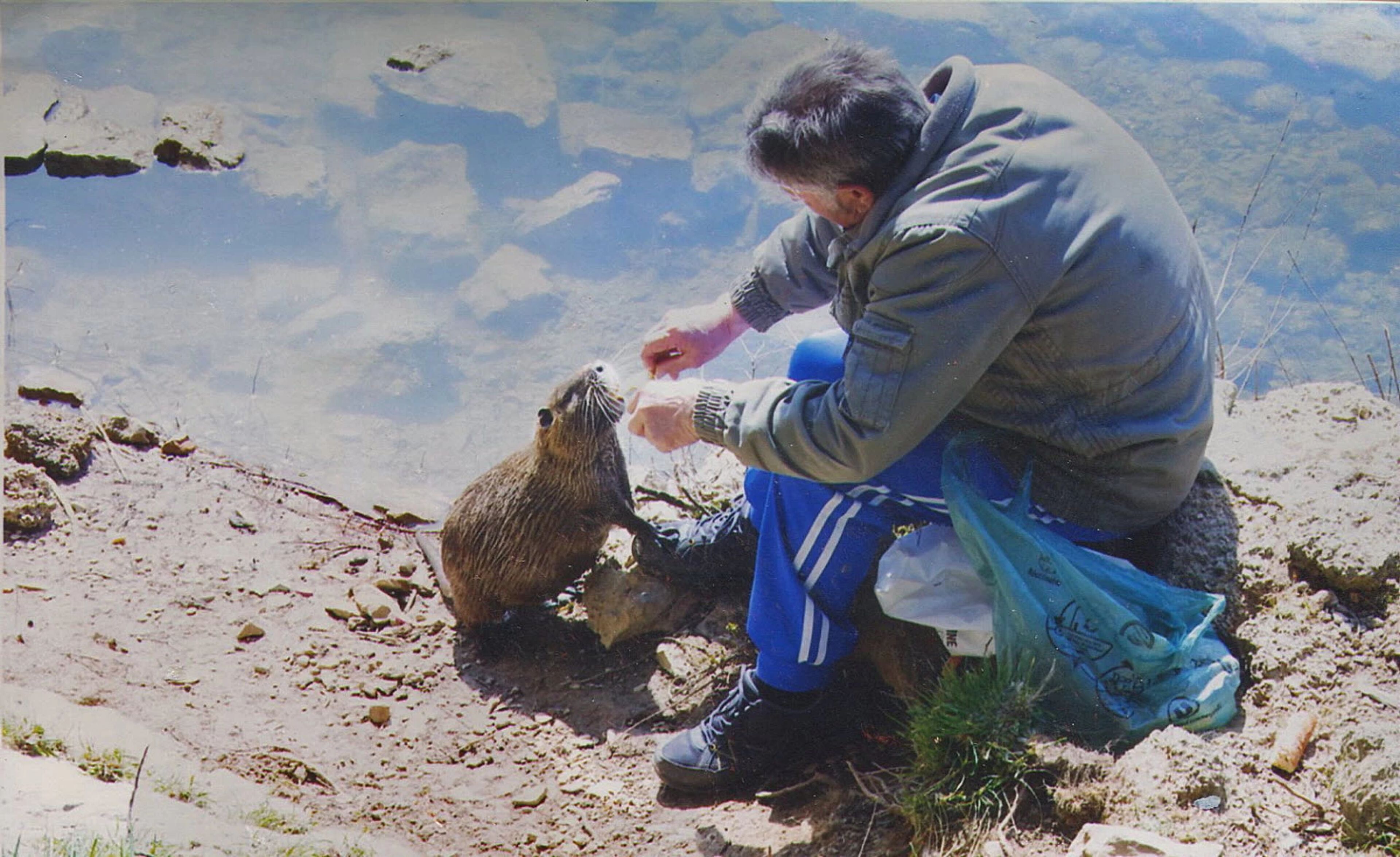 Homme nourrit un ragondin en montagne